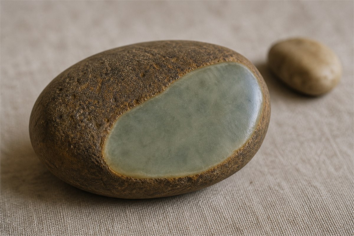 River-worn brown-rind nephrite pebble with a polished cream-green cut window