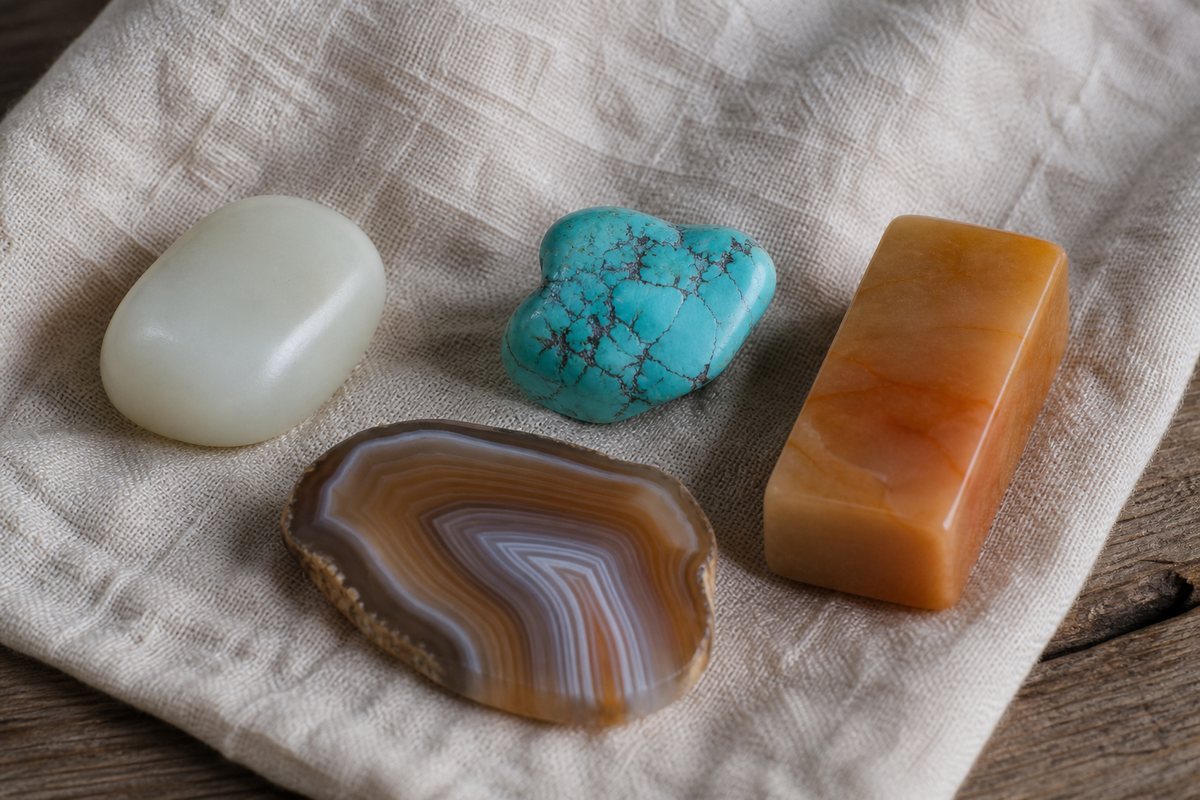 Close material study of pale jade-like pebble, turquoise with iron lines, banded agate, and warm Shoushan-stone-like blank