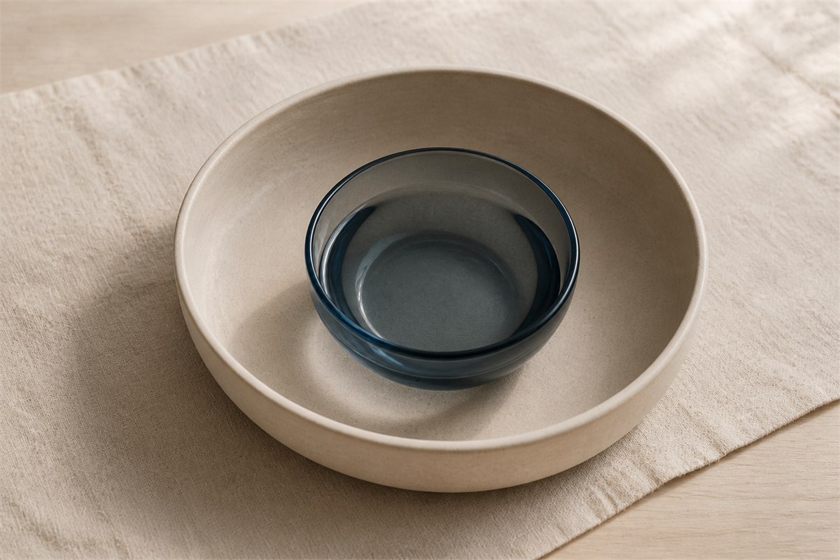 Dark glass water bowl nested inside a larger dry ceramic basin to represent separate analytical layers