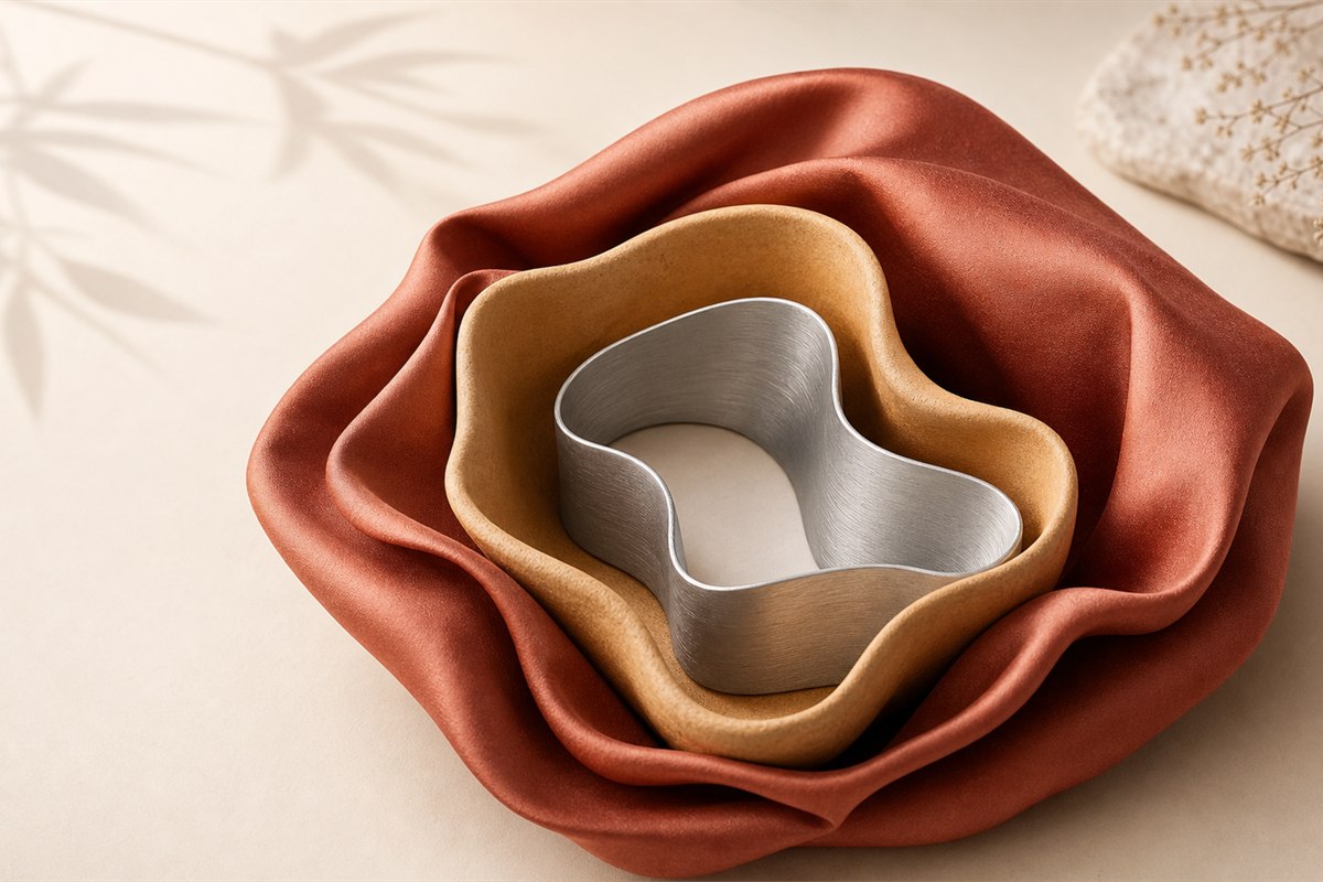 Three nested material layers in vermilion silk, ochre clay, and brushed metal