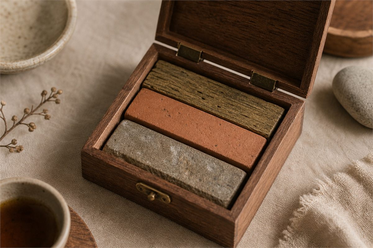 Three nested material pieces of wood, fired clay, and earth-toned stone inside a wooden case