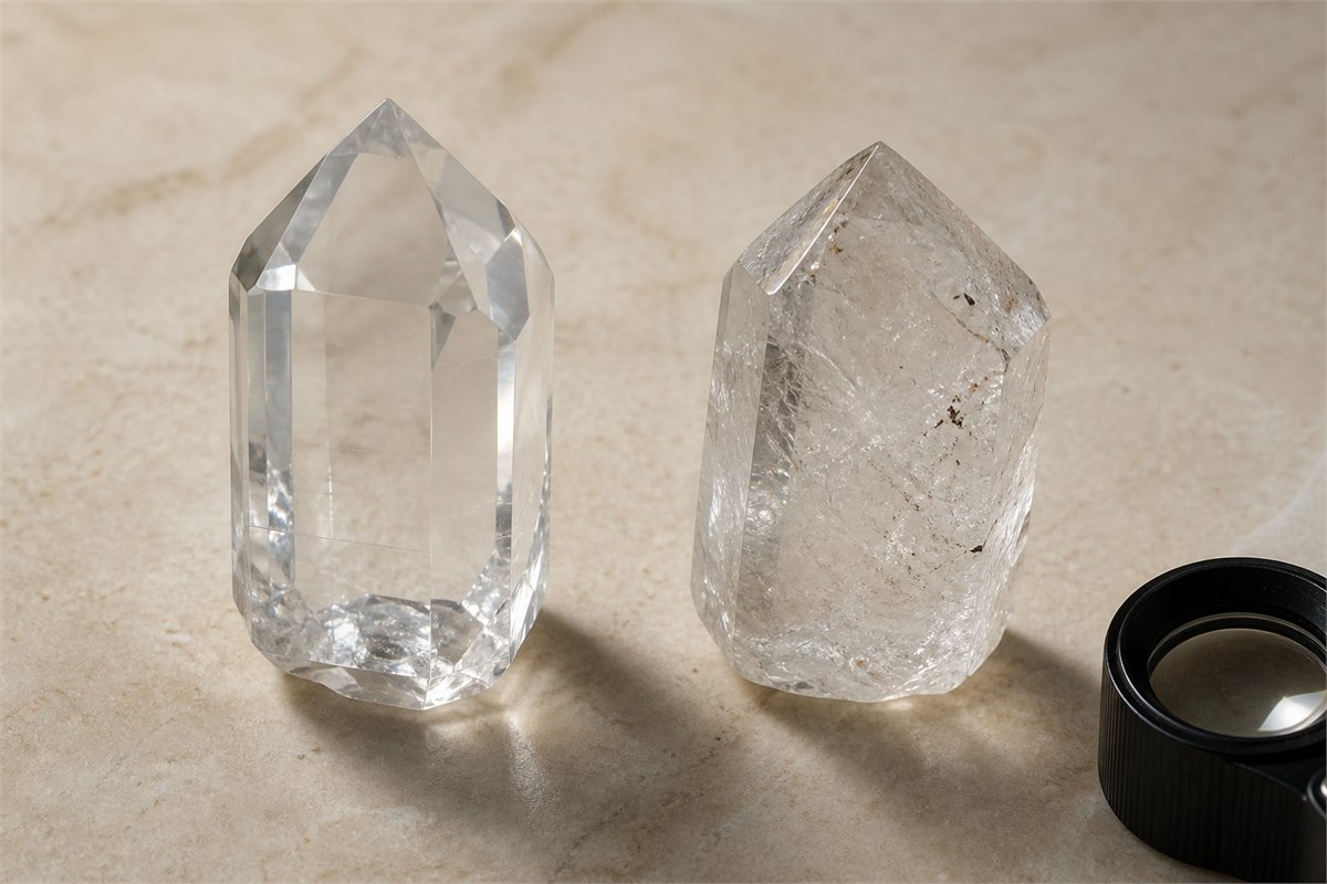 High-clarity natural rock crystal beside natural quartz with visible internal inclusions