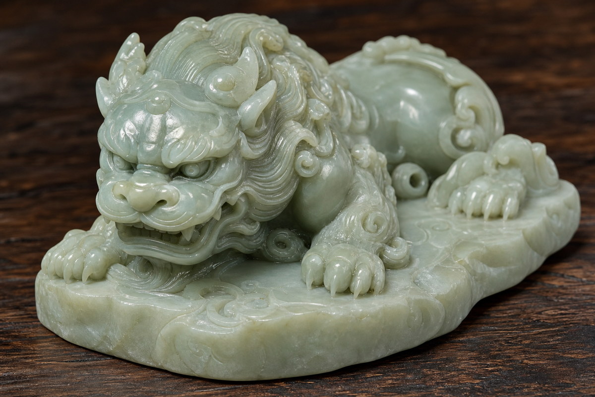High relief (高浮雕) jade beast carving showing depth, polish, and layered shadow