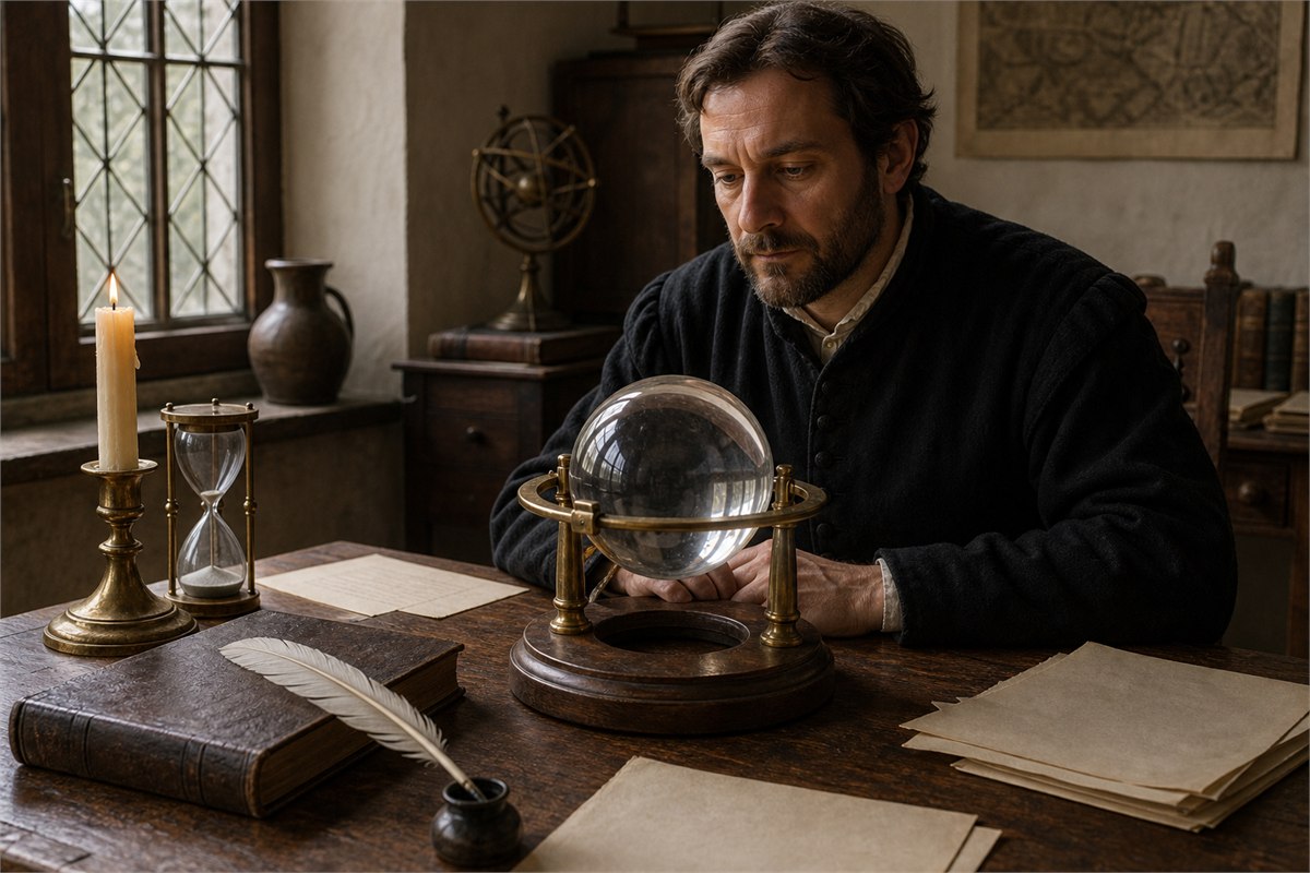 Restrained early modern study with a scholar observing a small rock crystal sphere by candlelight