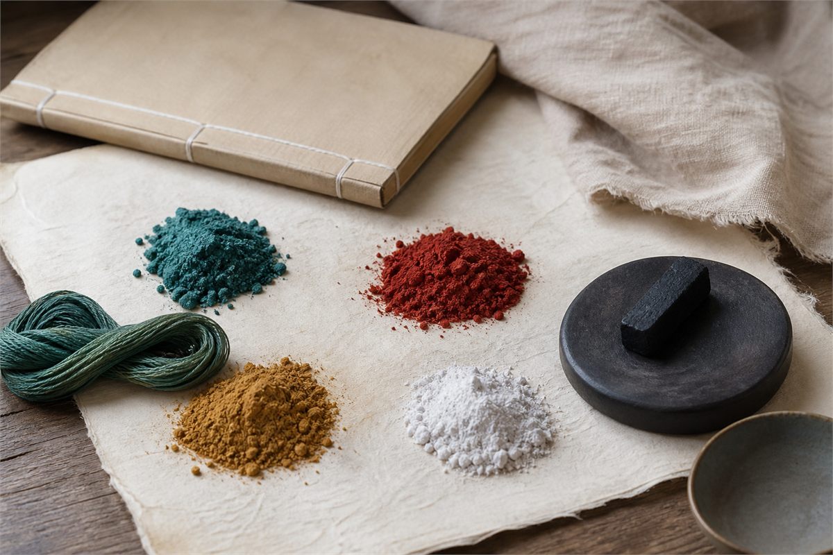 Blue-green, red, yellow, white, and black mineral pigments and dyed fibers on handmade paper