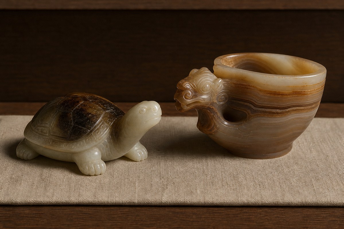Historical-inspired Qiaose (俏色) jade and agate carvings displayed in a quiet museum style