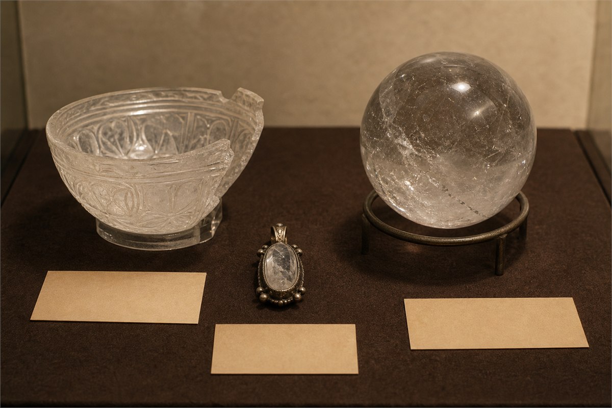 Museum-like study of a carved rock crystal vessel and small suspended quartz sphere inspired by documented historical objects