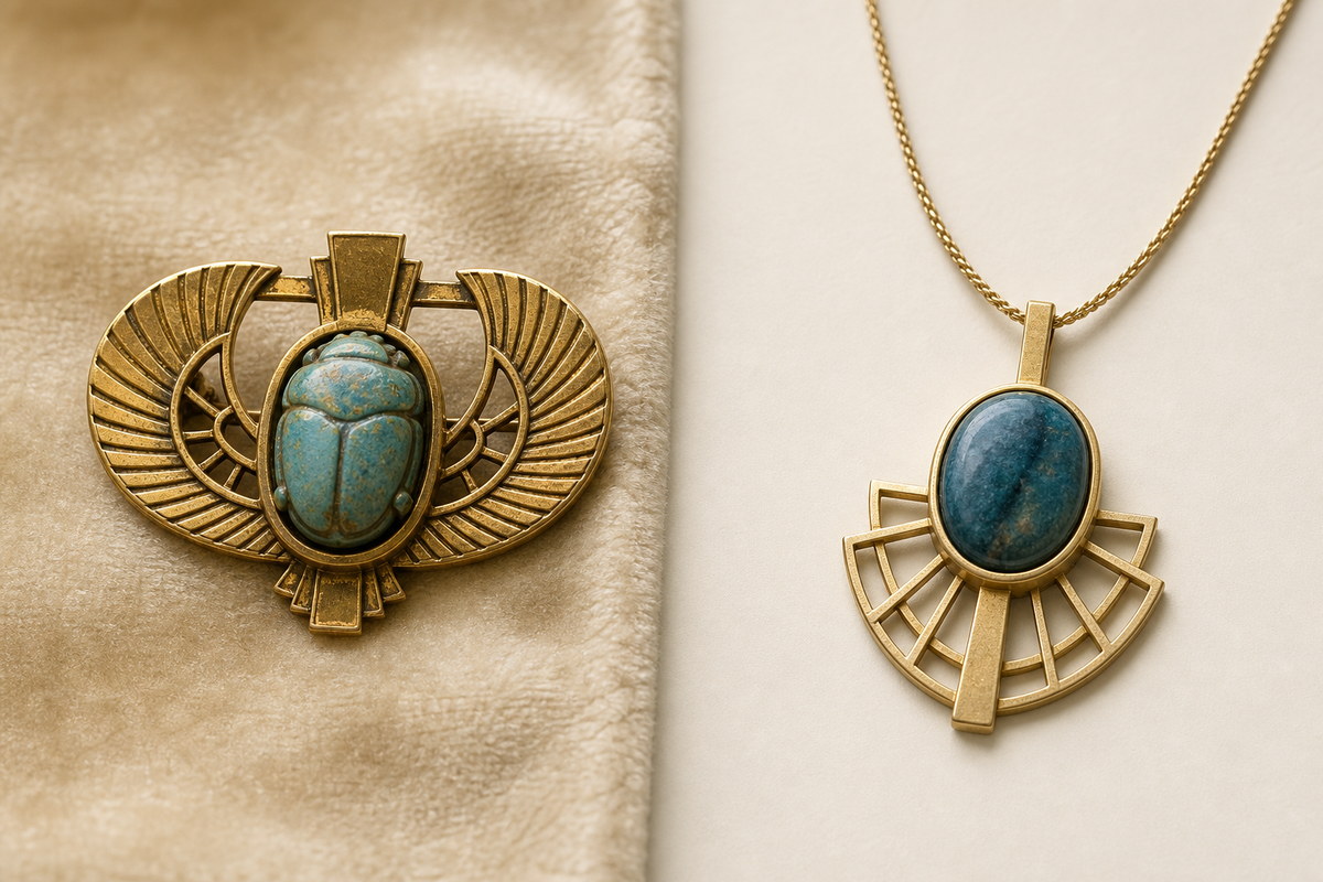 Aged scarab revival brooch beside a contemporary abstract gold pendant with an oval blue stone
