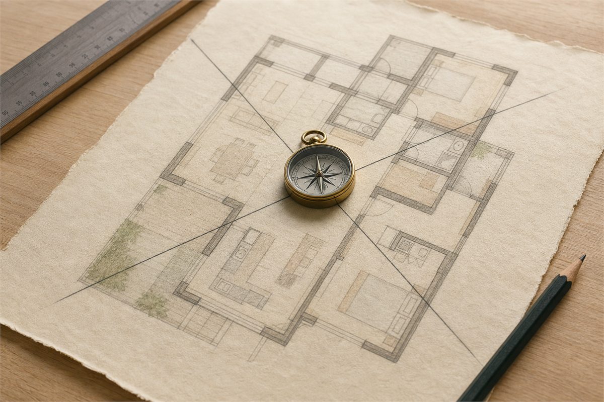 Floor plan with diagonal lines meeting at the home center beside a compass