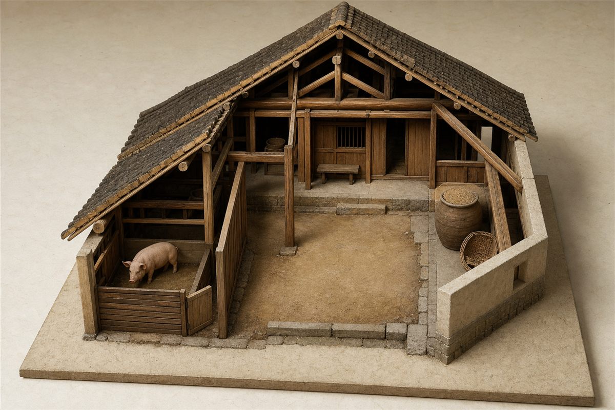 Architectural model of a traditional roofed household compound with a pig enclosure