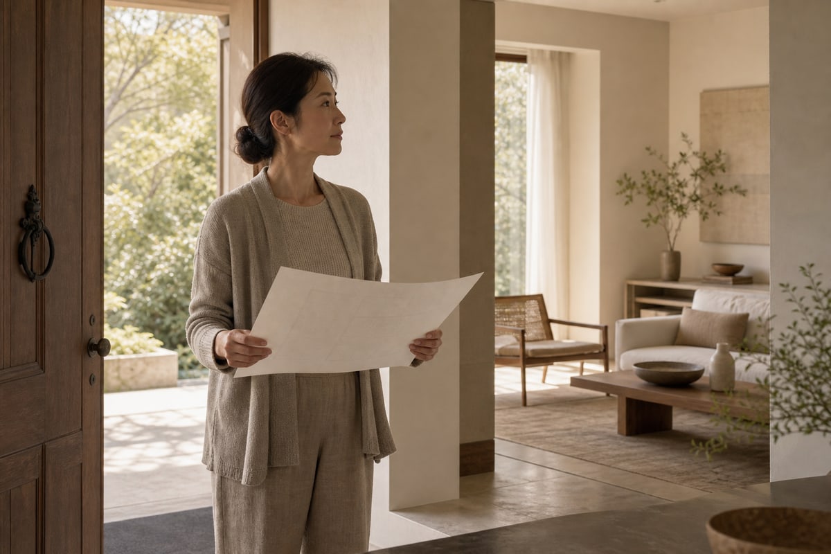 Person studying a home entrance and room layout while holding a blank floor-plan sheet
