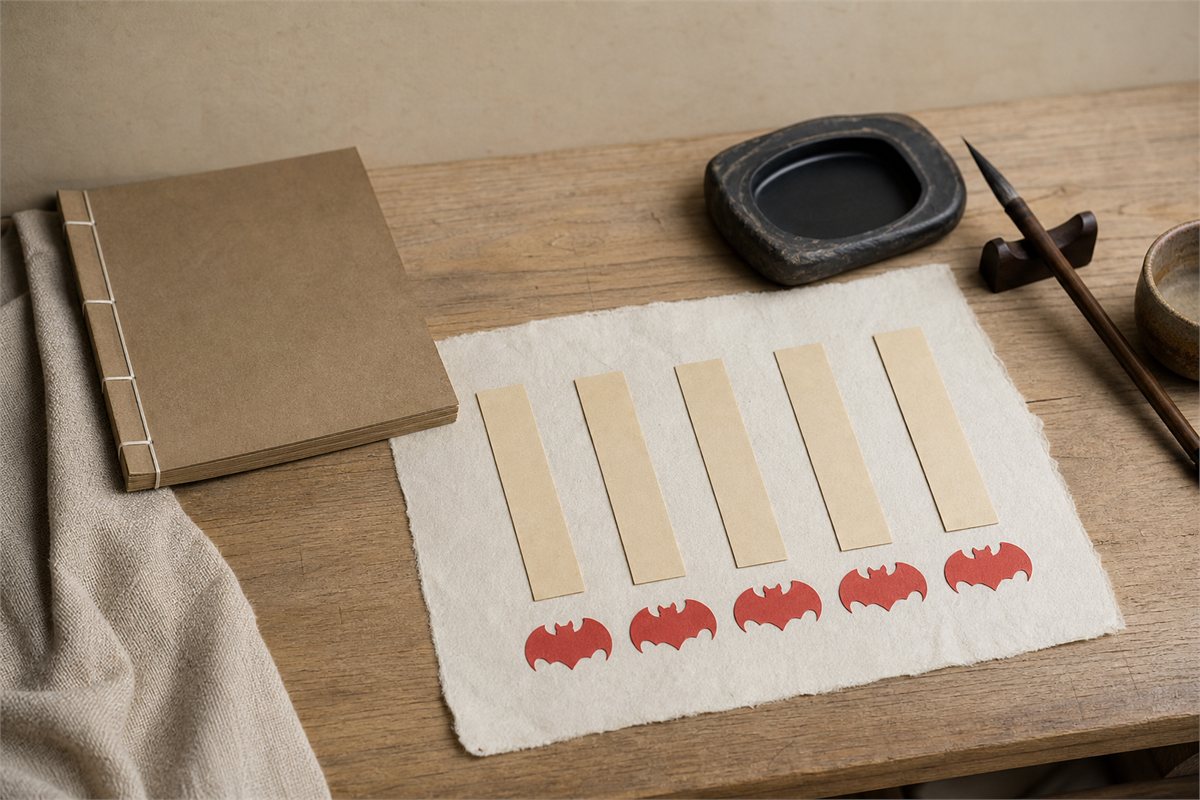 Five red paper bat motifs paired with five blank study markers on an open book