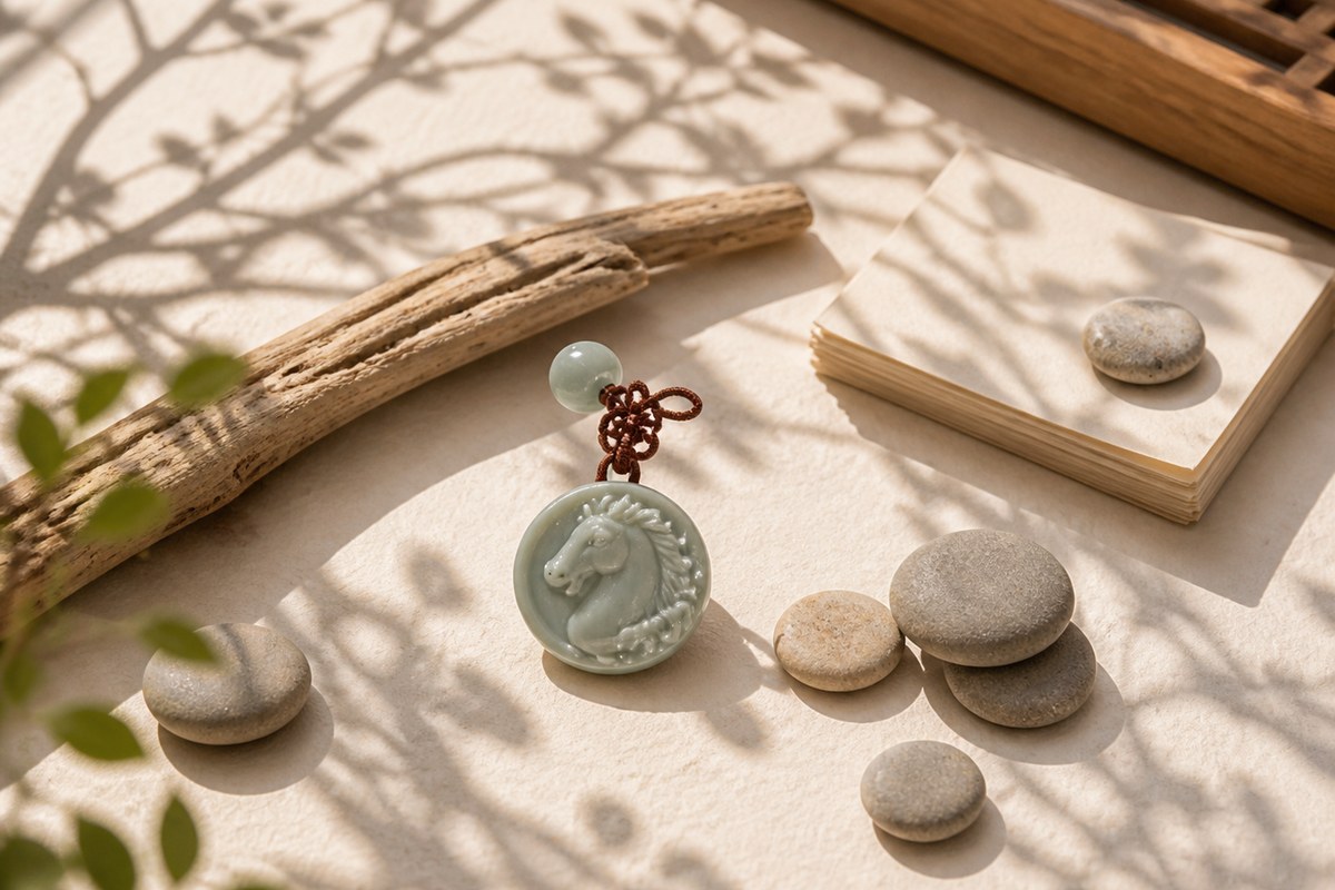 Carved jade Eastern horse charm beside pale wood, stone markers, ceramic cup, branch shadows, and red cord