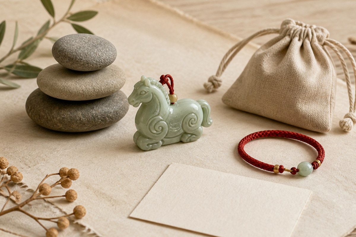 Small jade Eastern horse charm beside balanced stones, red cord bracelet, linen pouch, and blank note card