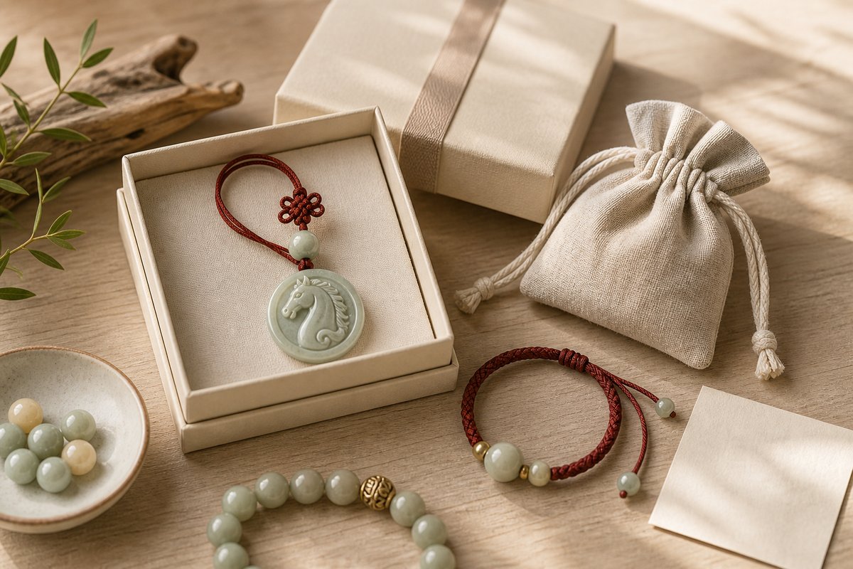 Cream gift box with carved jade Eastern horse charm, jade bead bracelet, red cord bracelet, pouch, and blank gift card