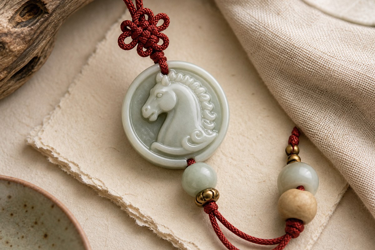 Close view of a carved jade Eastern horse charm, jade beads, pale wood bead, red cord knot, cream pouch, and brass bead