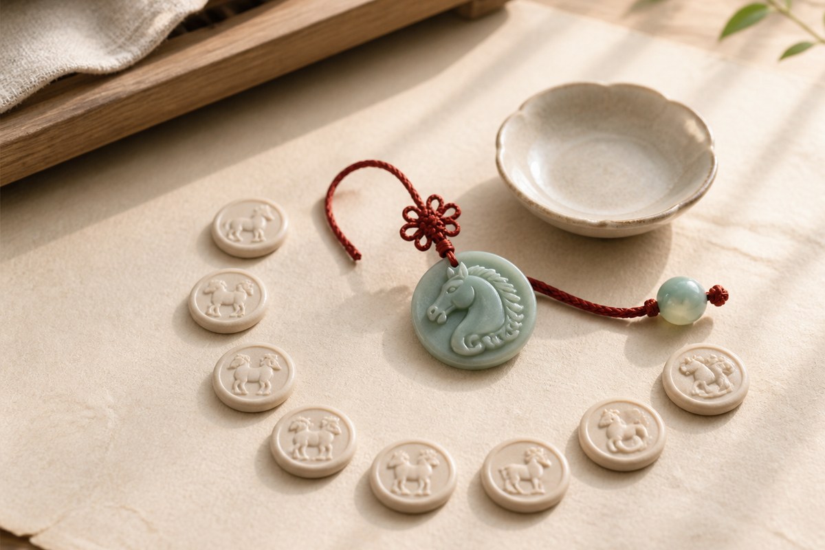 Jade Eastern horse zodiac charm with red cord knot, jade bead, ceramic dish, and blank cycle markers