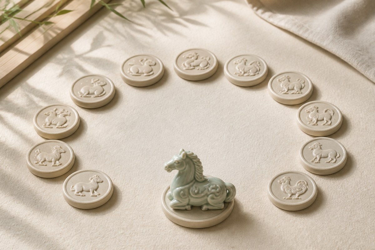 Twelve unmarked ceramic zodiac tokens arranged in a soft arc with a jade Eastern horse token emphasized
