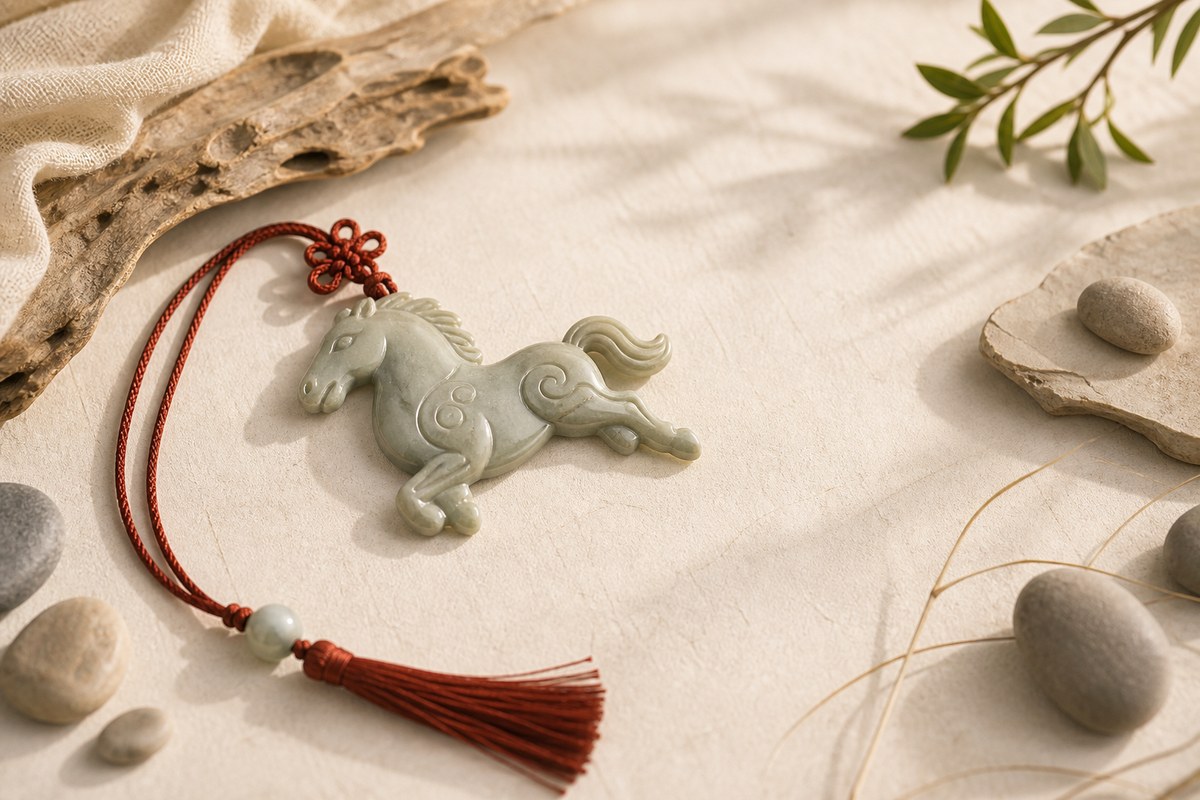 Carved jade Eastern horse plaque with smooth cream ceramic dish, blank paper card, red cord, and stone markers