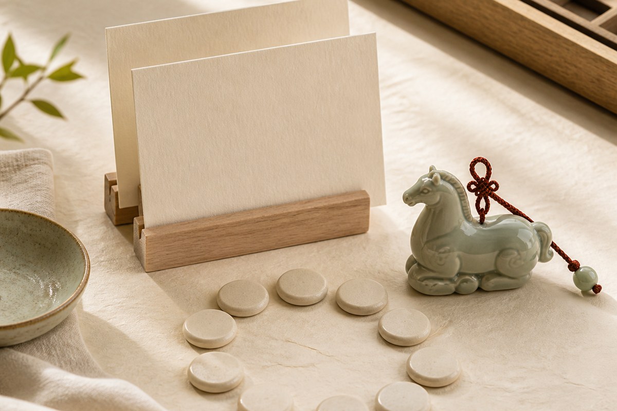 Blank cream calendar cards with a jade Eastern horse token, red cord, and unmarked round zodiac markers