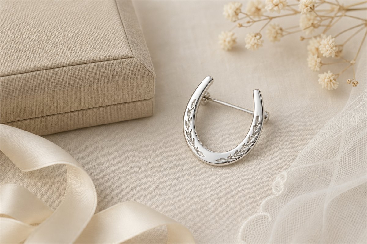 Silver horseshoe brooch with a working pin in an ivory wedding gift box