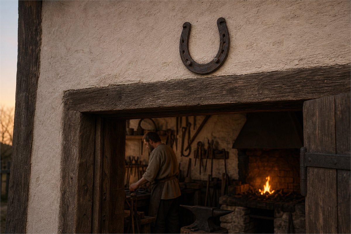 Upward iron horseshoe mounted above the doorway of a medieval-inspired blacksmith workshop