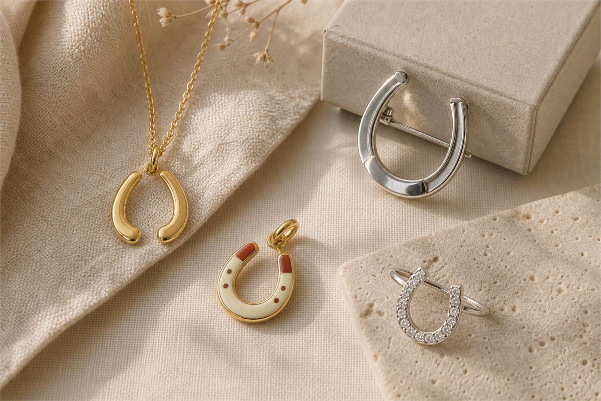 Horseshoe pendant, brooch, charm, and ring in gold, silver, enamel, and diamond-set finishes