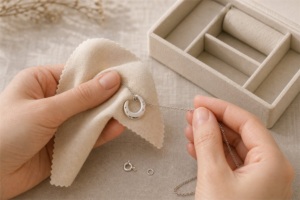 Hands gently wiping a silver horseshoe pendant with a soft cloth beside its storage box