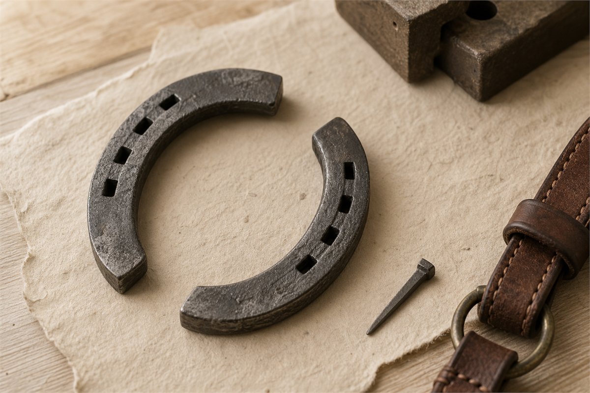 Forged horseshoe with an iron nail, leather tack, and a blacksmith's anvil