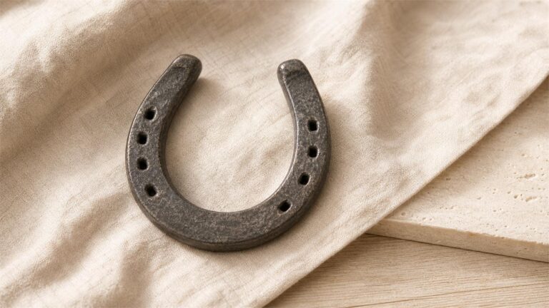 Forged iron horseshoe opening upward on warm ivory linen and pale wood