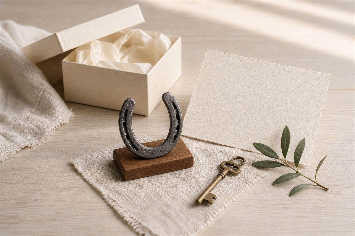 Forged horseshoe on a wooden stand with an ivory gift box, blank card, and house key