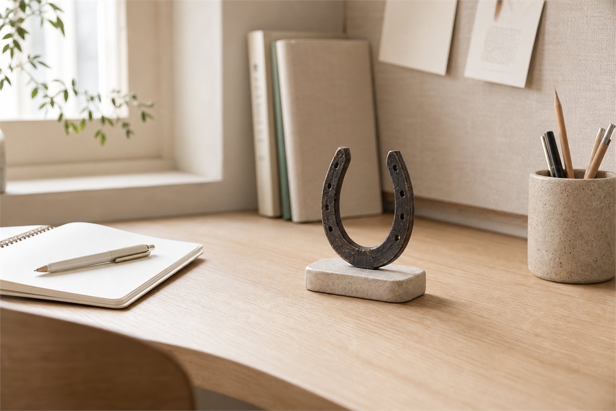 Small upward iron horseshoe on a stable stone base beside a notebook and pen