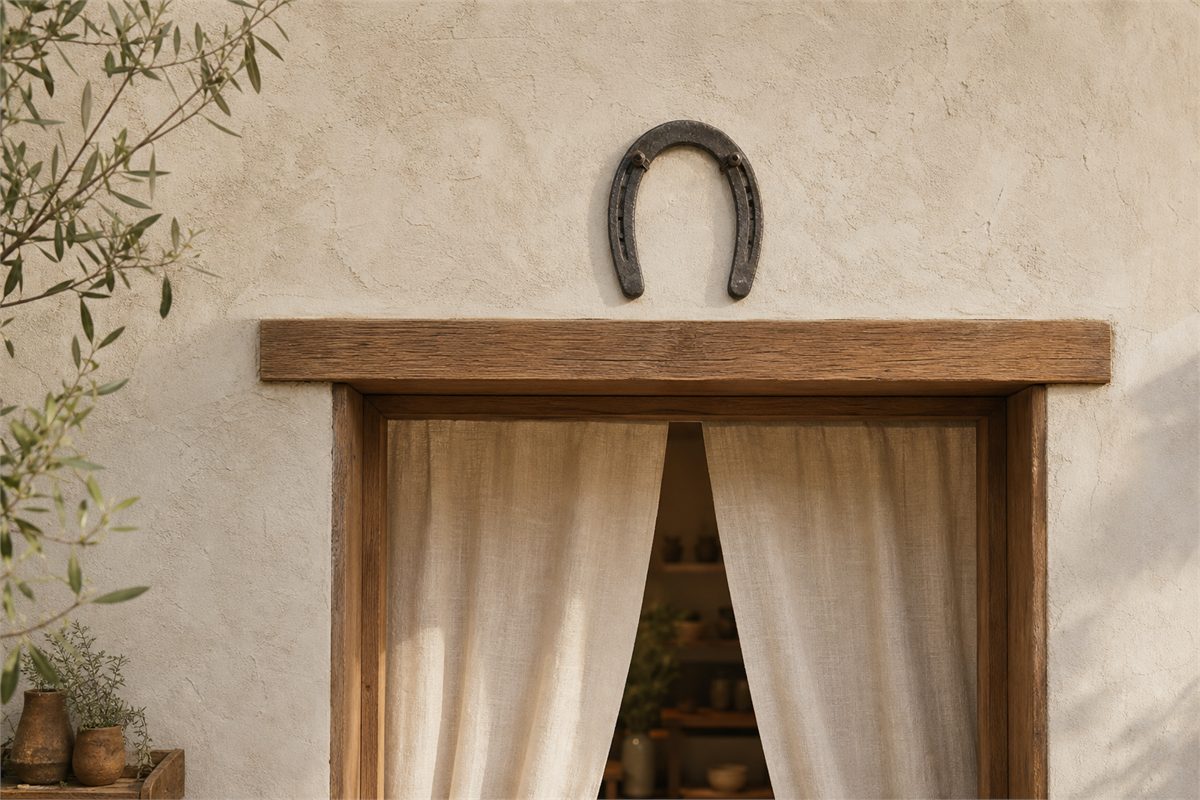 Iron horseshoe mounted above a shop doorway with its arch at the top and open ends pointing down