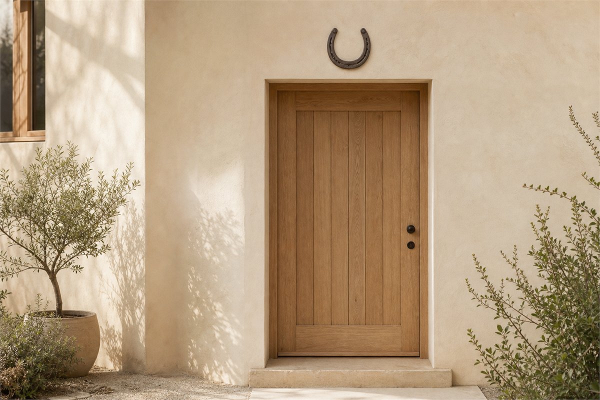 Iron horseshoe mounted securely above a home doorway with its open ends pointing upward
