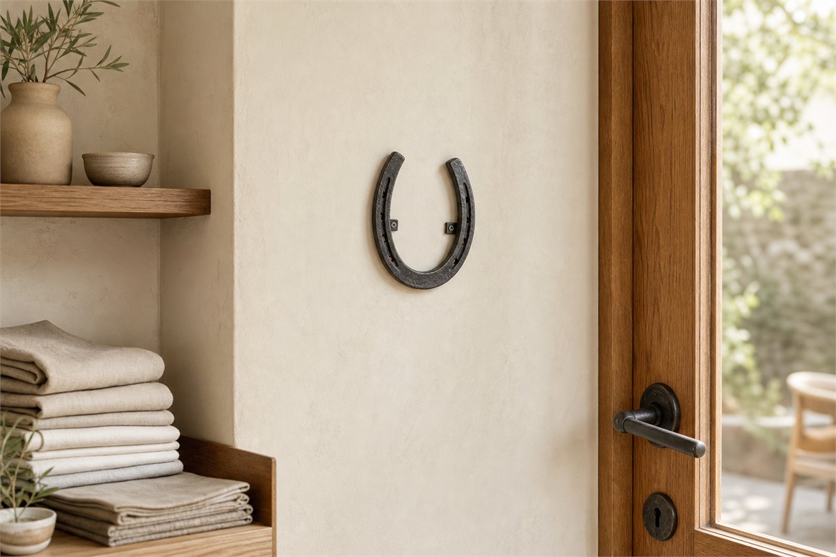 Large iron horseshoe mounted upward on a limewashed shop wall beside an entrance