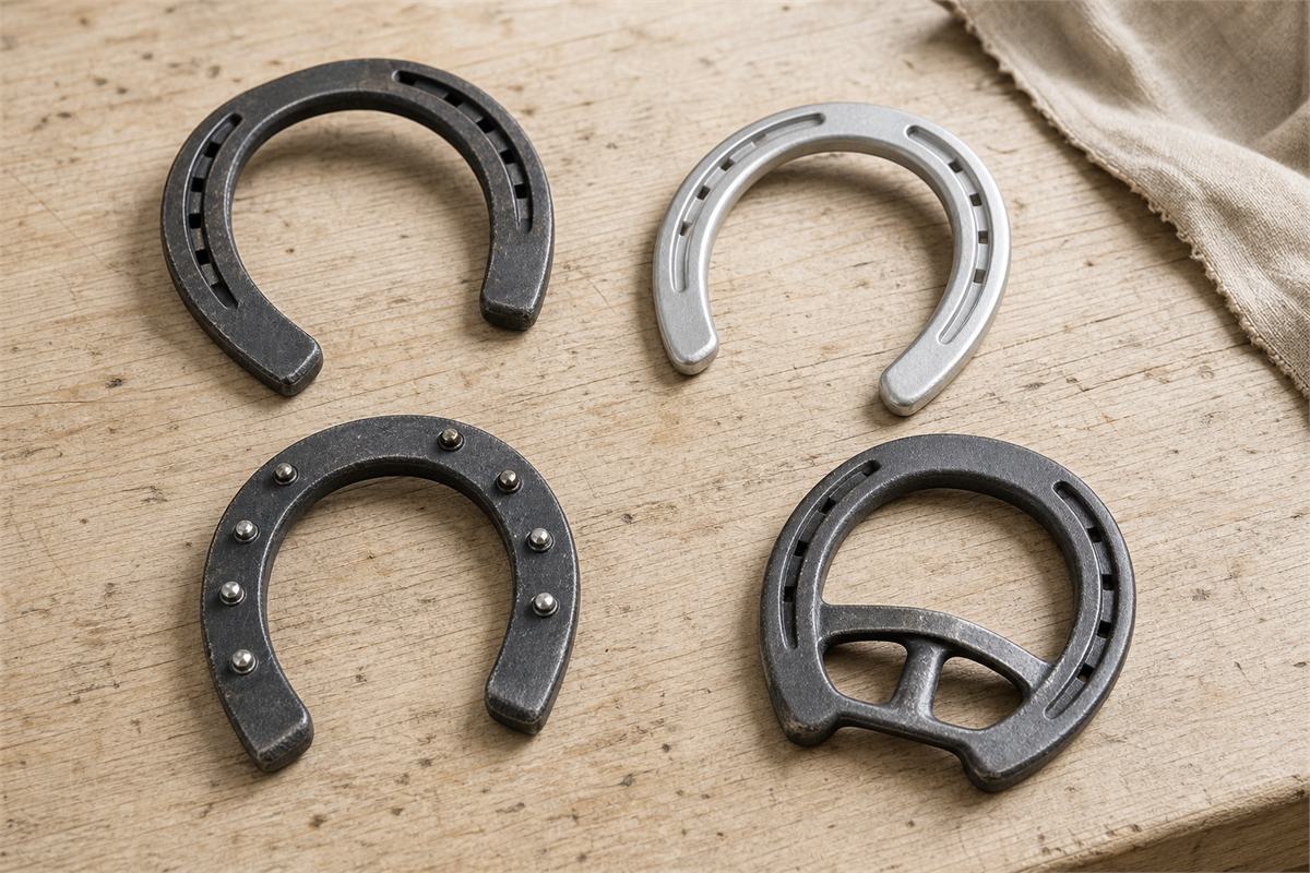 Four distinct horseshoes showing steel, aluminum, studded traction, and corrective bar designs