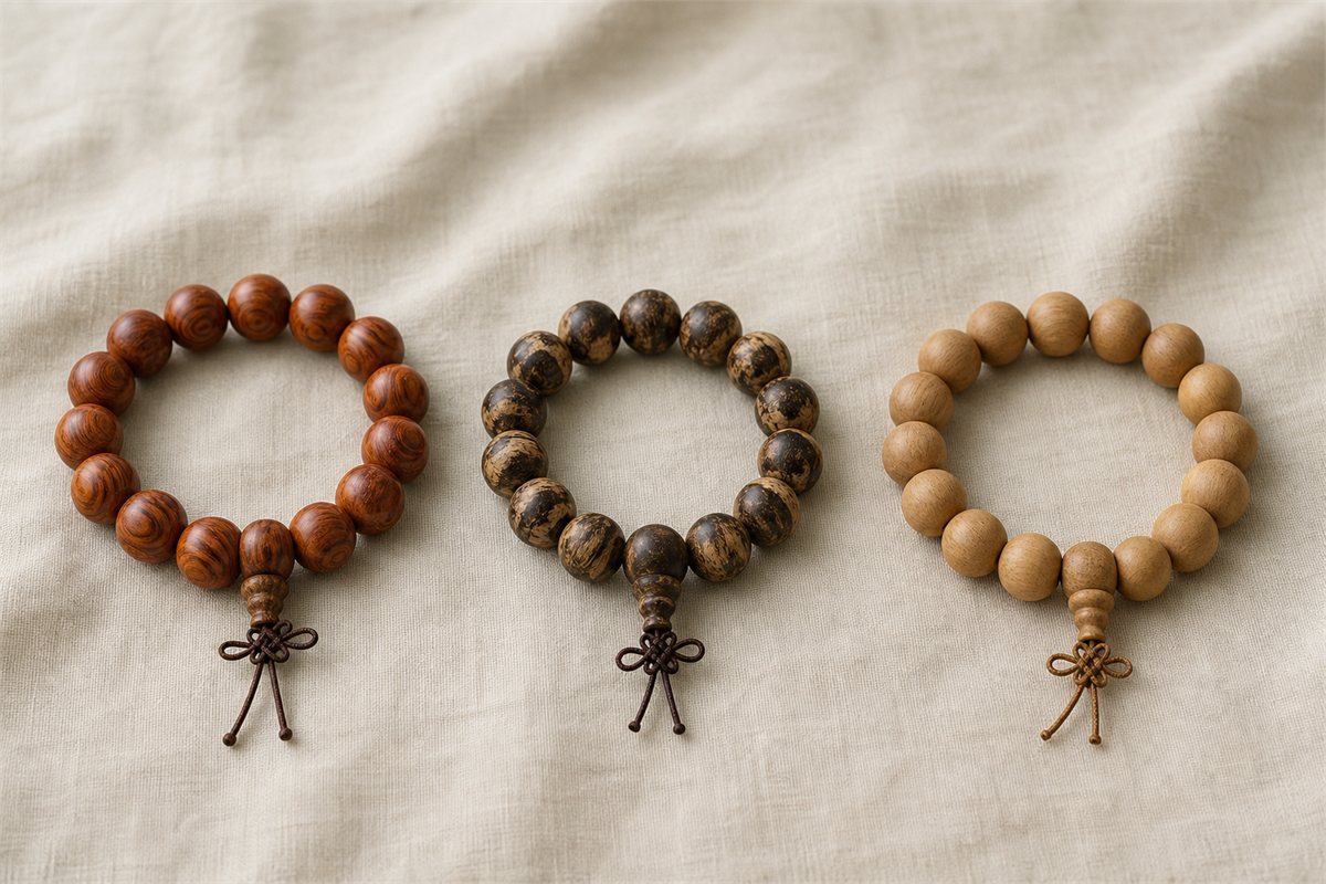 Three separate bracelets showing figured huanghuali, resin-streaked agarwood, and pale sandalwood beads