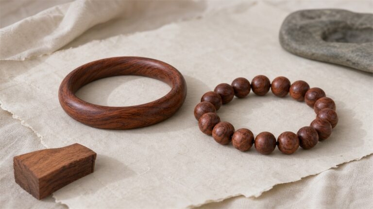 Seamless reddish-brown Huanghuali bangle and round-bead bracelet on ivory paper with a matching wood sample