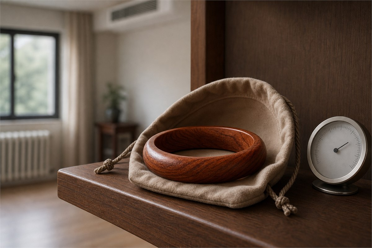 Seamless wooden bangle resting in a soft pouch on a shaded shelf away from a window, radiator, and air vent