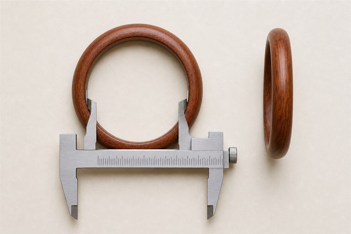 Inside jaws of a caliper touching opposite inner walls of a wooden bangle with a second bangle in side view
