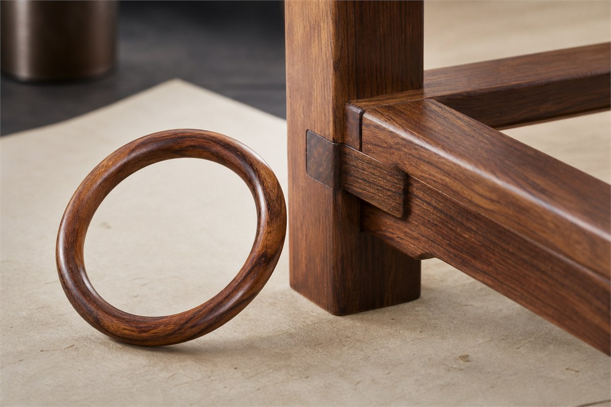 Seamless Huanghuali bangle beside restrained hardwood mortise-and-tenon joinery