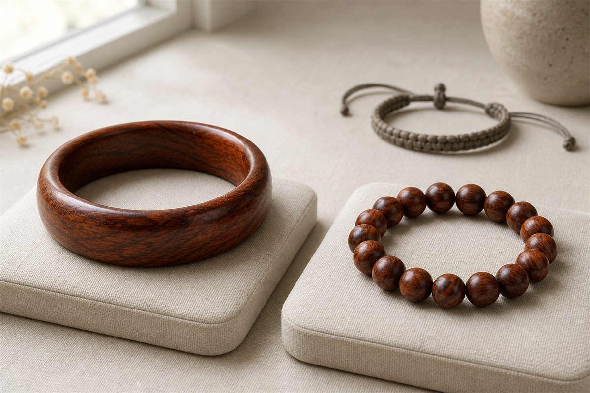 Seamless wooden bangle and complete round-bead bracelet on separate ivory linen pads with an adjustable cord bracelet behind