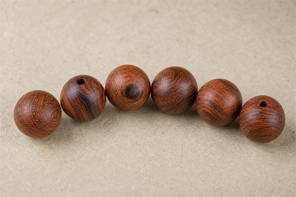 Six reddish brown wooden beads with varied flowing grain and two visible drill holes