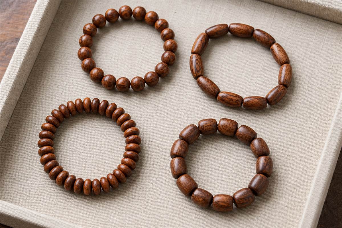 Four separate wooden bracelets made with round, barrel, abacus, and old-style beads