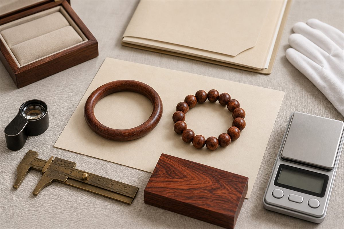 Wood bangle and bead bracelet with a loupe, caliper, scale, matching sample, gloves, box, and plain document folder