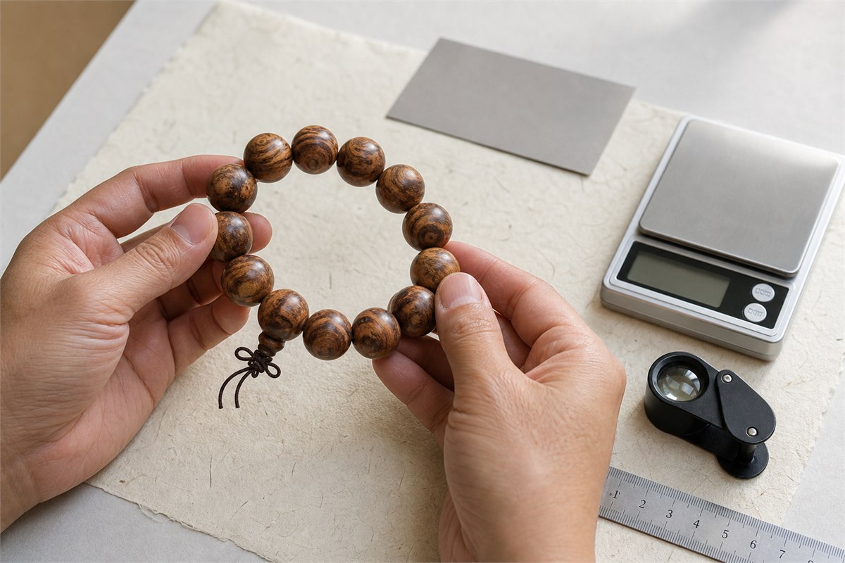 Two hands inspecting a wooden bead bracelet beside a ruler, scale, gray card, and loupe