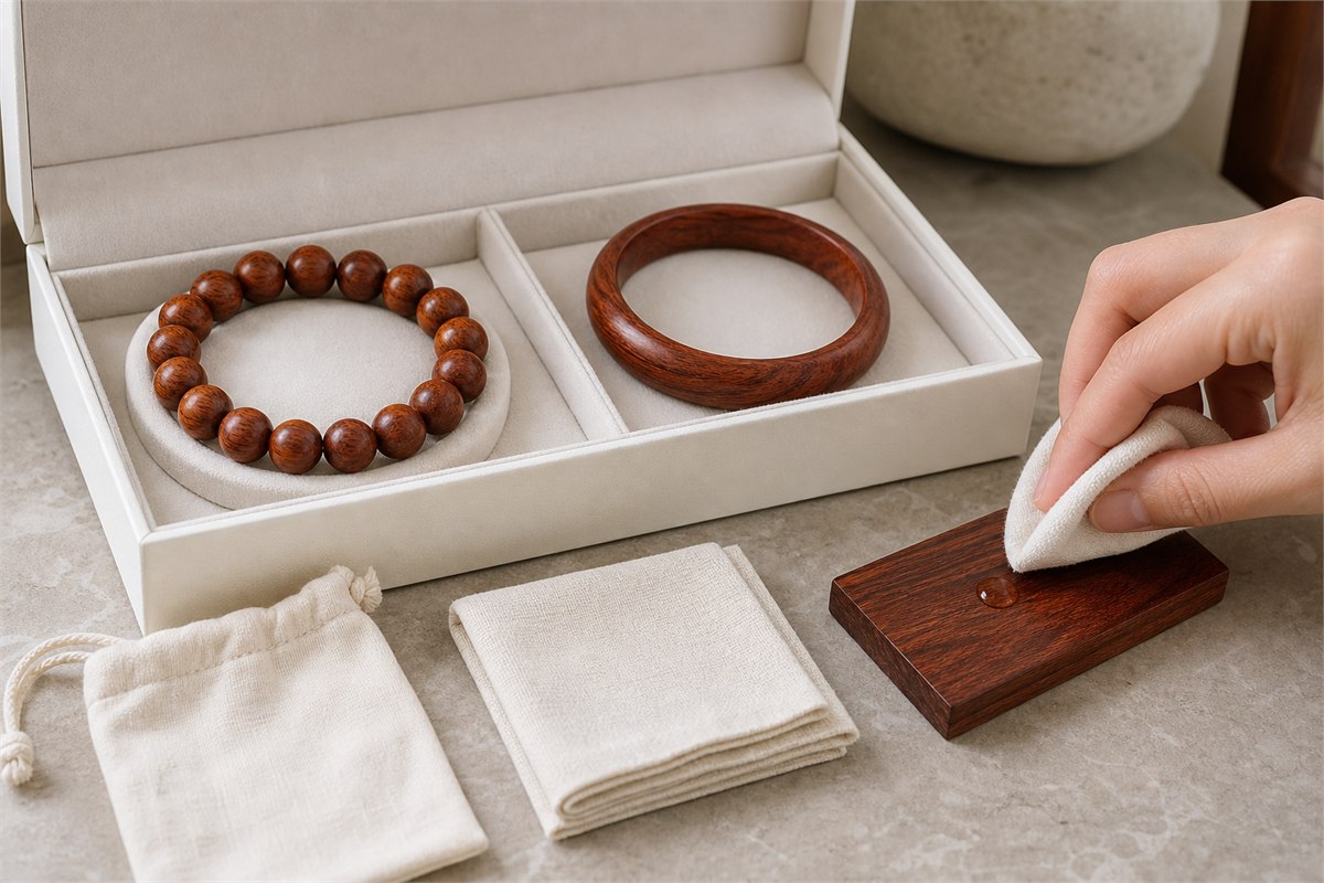 Dry bead bracelet and bangle stored separately in a lined box while a hand blots a water droplet from a test wood sample