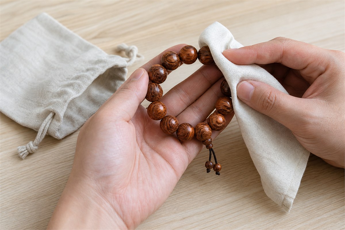 Two hands wiping a wooden bead bracelet with a dry cotton cloth beside a linen pouch