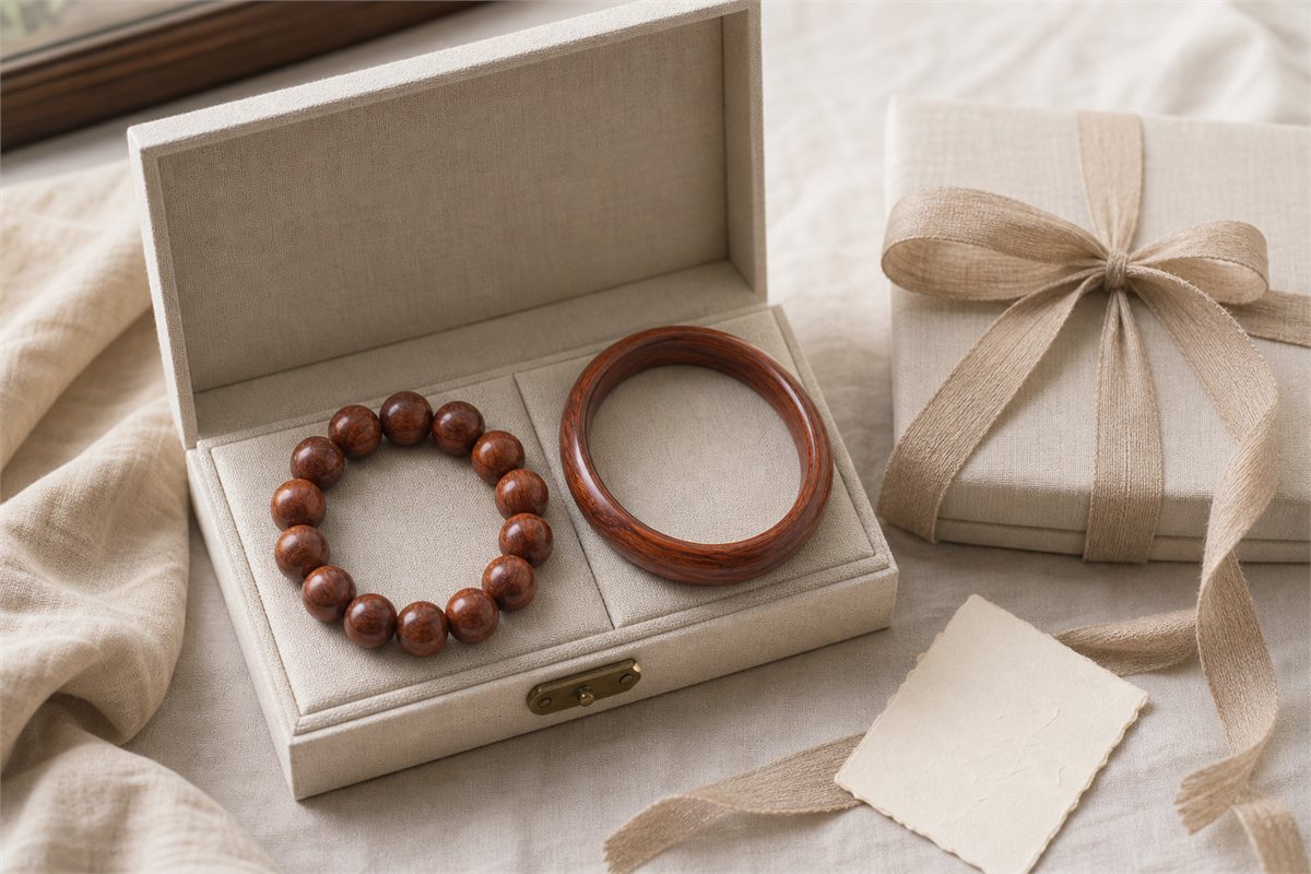 Wood bead bracelet and seamless bangle in an ivory linen gift box with natural ribbon and a blank card