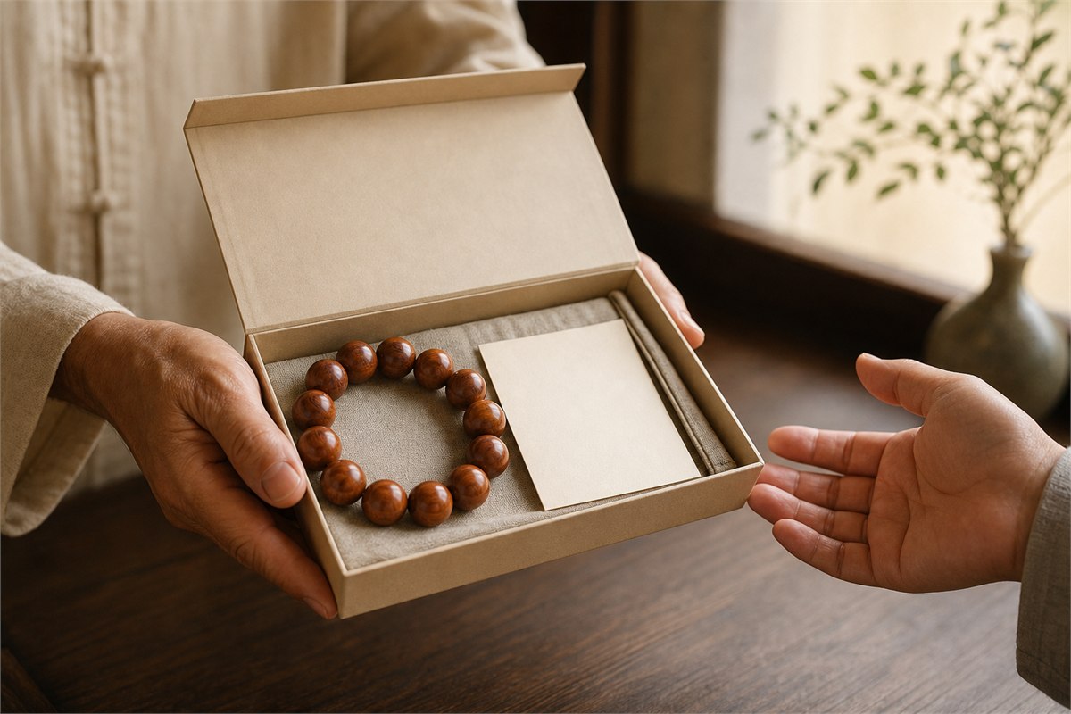 Adult hands offering a wooden bead bracelet in an open neutral paper gift box